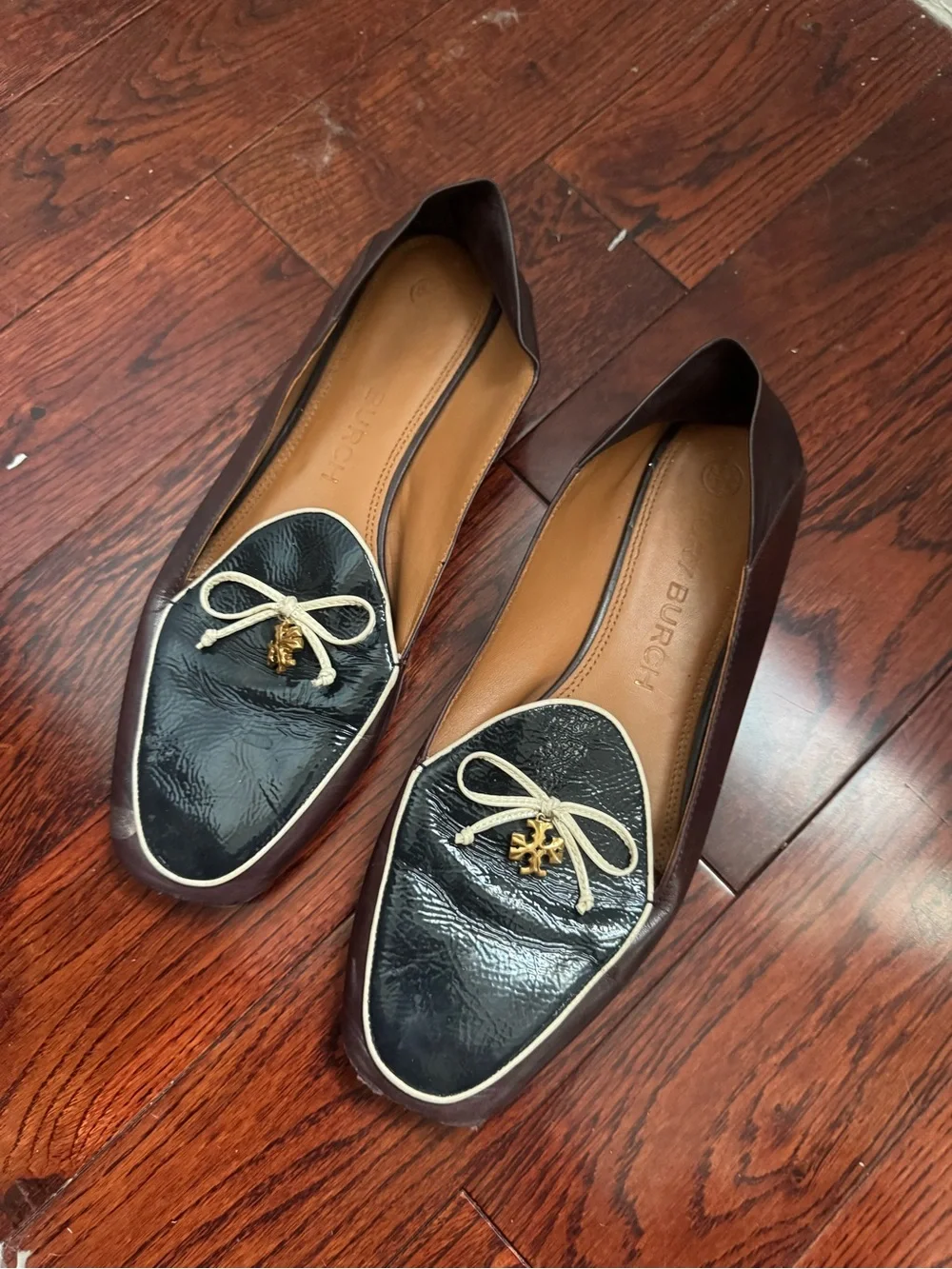 Tory Burch Black Patent & Brown Leather Loafers with Gold Logo Bow